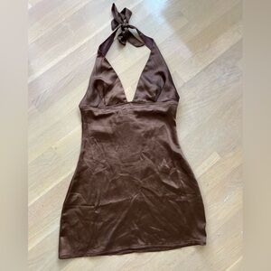 Motel Rocks Coda Bodycon Dress in Satin Rich Brown